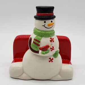 Ceramic Hand Painted Top Hat Snowman Holding Cardinal Bird Napkin Holder